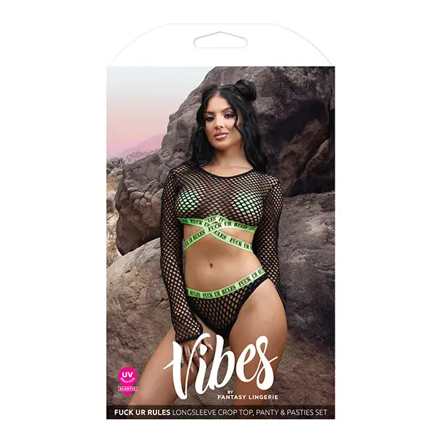 Vibes Fuck Ur Rules Long Sleeve Crop Top Panty & Pasties Black/Green L/XL - Lingerie - Packaged