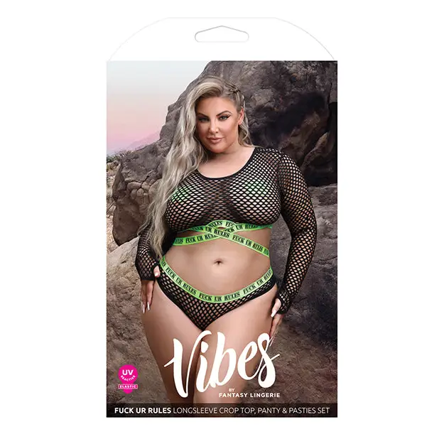 Vibes Fuck Ur Rules Long Sleeve Crop Top Panty & Pasties Black/Green QN - Lingerie - Plus/Queen - Packaged