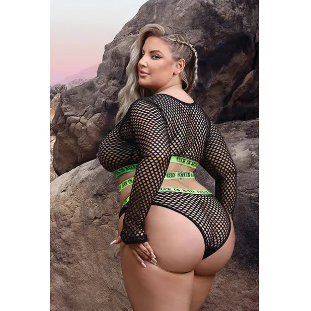 Vibes Fuck Ur Rules Long Sleeve Crop Top Panty & Pasties Black/Green QN - Lingerie - Plus/Queen - Packaged