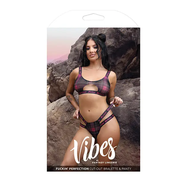 Vibes Fuckin’ Perfection Cutout Bralette & Panty Black/Pink S/M - Lingerie - Packaged