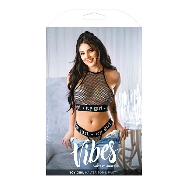 Vibes Icy Girl Metallic Fishnet Halter Top & Panty Black L/XL - Lingerie - Packaged