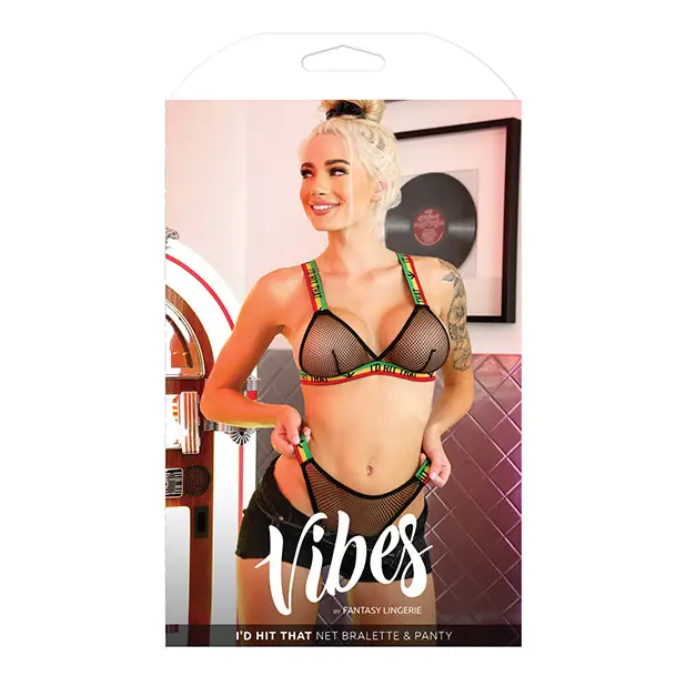 Vibes I’d Hit That Net Bralette & Panty Black L/XL - Lingerie - Packaged