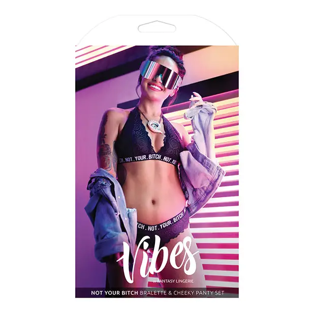 Vibes Not Your Bitch Bralette & Cheeky Panty Black L/XL - Lingerie - Packaged