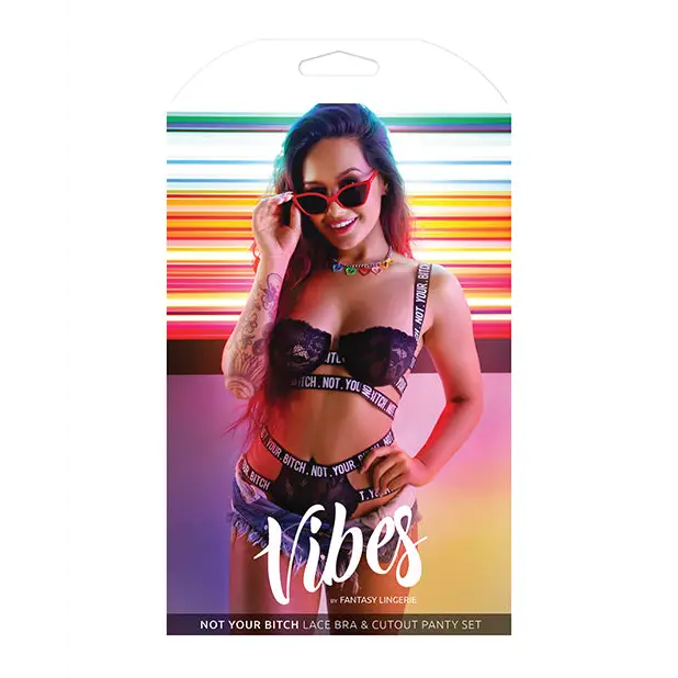 Vibes Not Your Bitch Lace Bra & Cutout Panty Black L/XL - Lingerie - Packaged