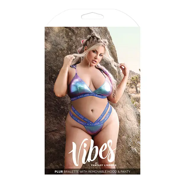 Vibes Plur Bralette w/Removable Hood & Panty Iridescent QN - Lingerie - Plus/Queen - Packaged