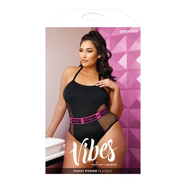 Vibes Pussy Power Micro-Net Playsuit Black QN - Lingerie - Plus/Queen - Packaged