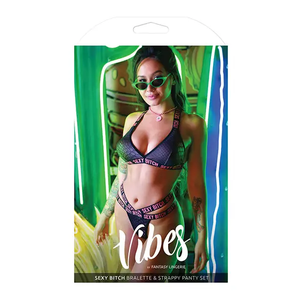 Vibes Sexy Bitch Bralette & Strappy Panty Black S/M - Lingerie - Packaged