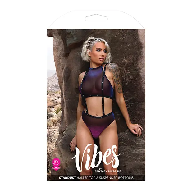 Vibes Stardust Halter Top & Suspender Bottoms Black L/XL - Lingerie - Packaged