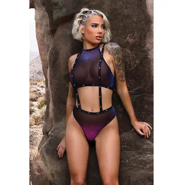 Vibes Stardust Halter Top & Suspender Bottoms Black L/XL - Lingerie - Packaged