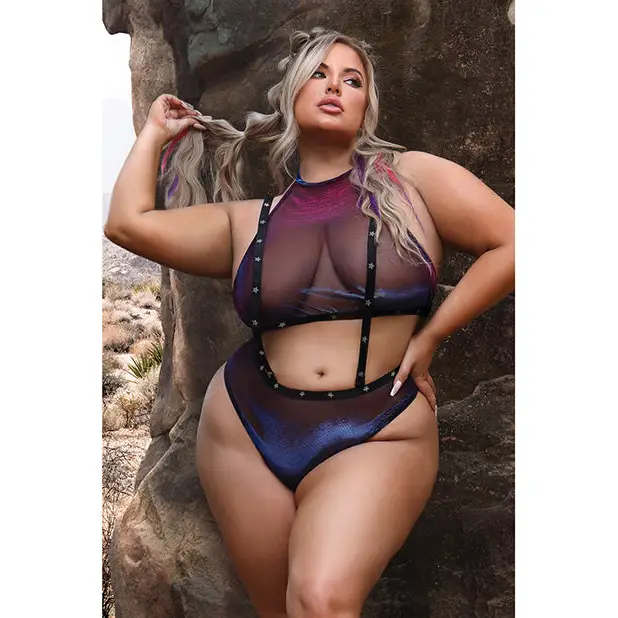 Vibes Stardust Halter Top & Suspender Bottoms Black QN - Lingerie - Plus/Queen - Packaged