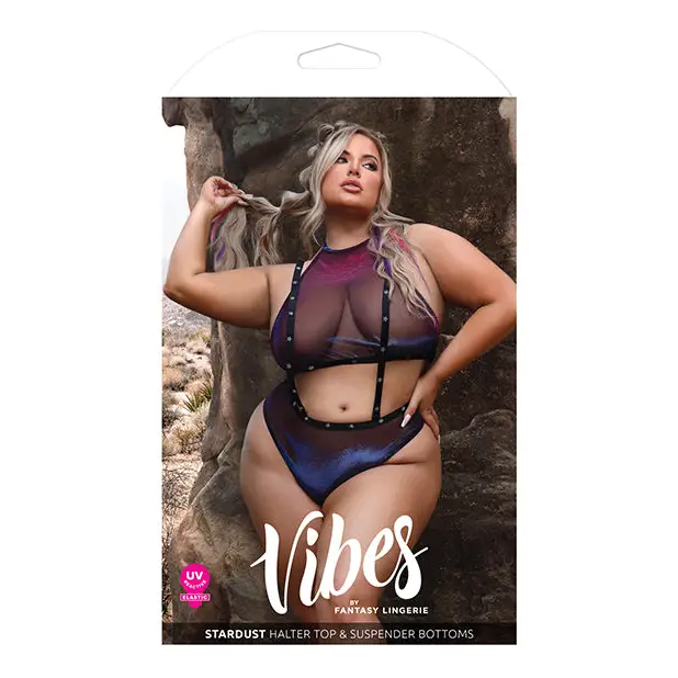 Vibes Stardust Halter Top & Suspender Bottoms Black QN - Lingerie - Plus/Queen - Packaged