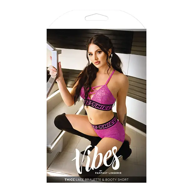 Vibes Thicc Stretch Lace Bralette & Booty Shorts Pink S/M - Lingerie - Packaged