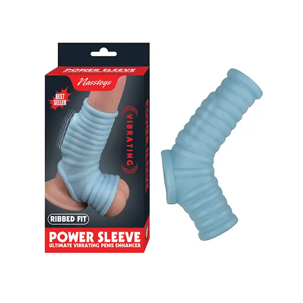 Vibrating Power Sleeve Ribbed Fit - Blue - Penis Enhancement