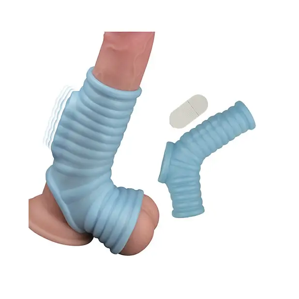 Vibrating Power Sleeve Ribbed Fit - Blue - Penis Enhancement