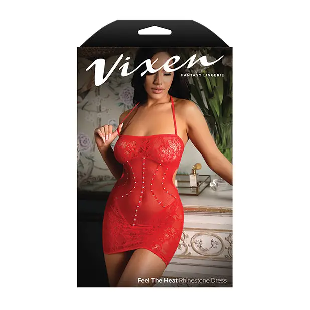 Vixen Feel The Heat Halter Dress w/Rhinestone Detail - Red O/S - Lingerie - Packaged