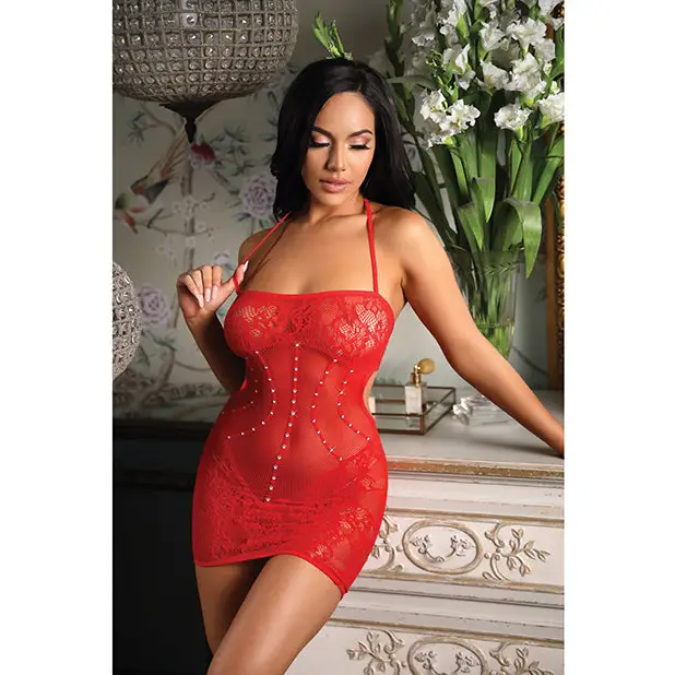 Vixen Feel The Heat Halter Dress w/Rhinestone Detail - Red O/S - Lingerie - Packaged