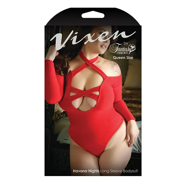 Vixen Havana Nights Long Sleeve Bodysuit w/Snap Closure Red QN
