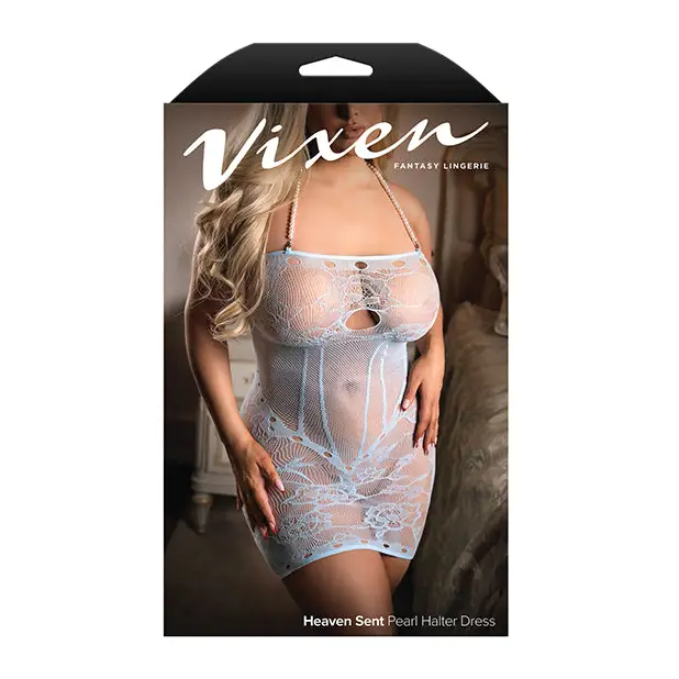Vixen Heaven Sent Seamless Lace Dress w/Detachable Pearl Halter Strap - Blue QN - Lingerie - Plus/Queen - Packaged