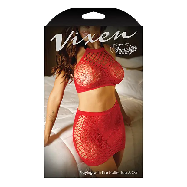 Vixen High Neck Halter Net Top & Tie Back Skirt Red O/S
