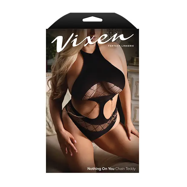 Vixen Nothing On You Seamless Cut-Out Teddy w/Removable Chain Accents - Black QN - Lingerie - Plus/Queen - Packaged