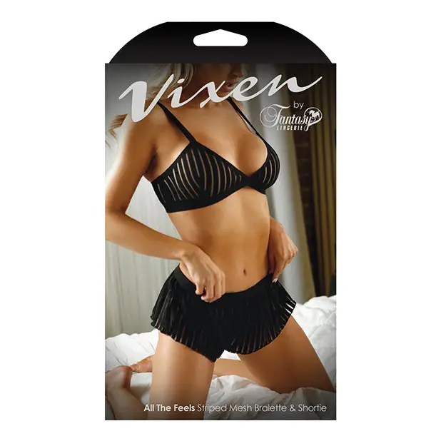 Vixen Striped Mesh Bralette & Shorties Black O/S