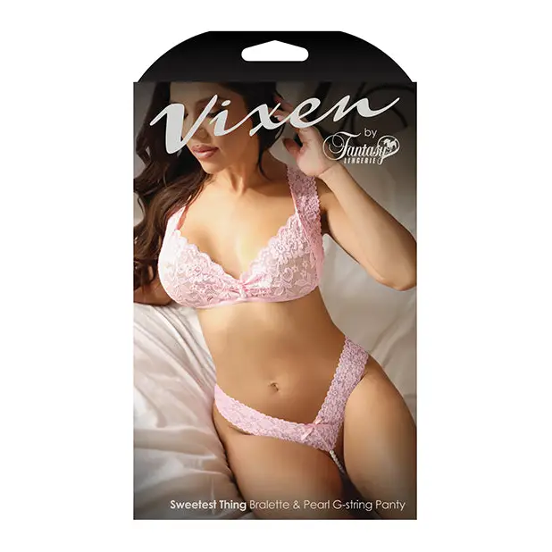 Vixen Sweetest Thing Lace Bralette & Pearl G-String Panty Light Pink L/XL - Lingerie - Packaged