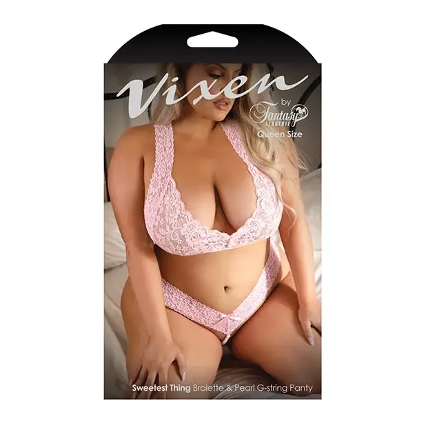 Vixen Sweetest Thing Lace Bralette & Pearl G-String Panty Light Pink QN - Lingerie - Plus/Queen - Packaged