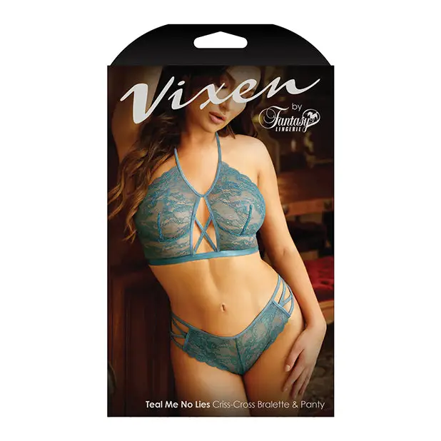 Vixen Teal Me No Lies Criss Cross Lace Halter Bralette & Panty Teal L/XL