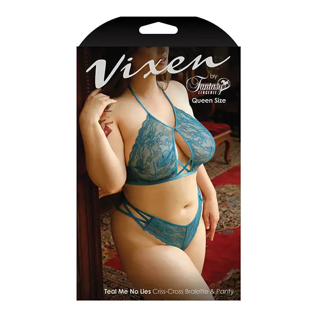 Vixen Teal Me No Lies Criss Cross Lace Halter Bralette & Panty Teal QN