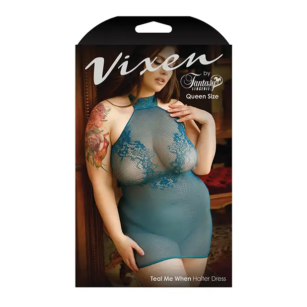 Vixen Teal Me When Halter Net Dress w/Floral Lace Design Teal QN