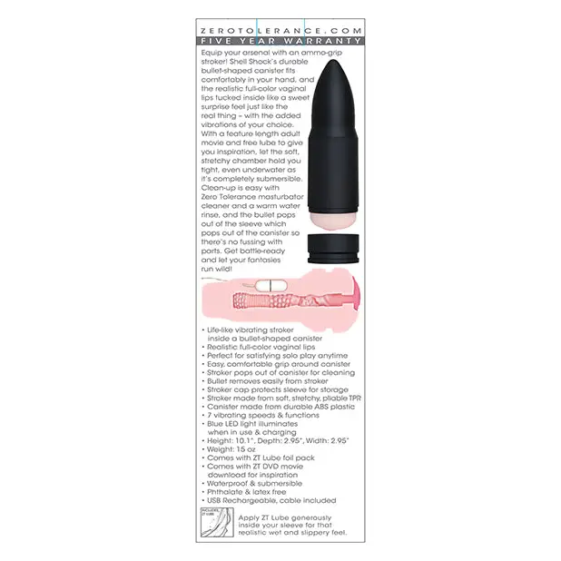 Zero Tolerance Shell Shock Rechargeable Vibrating Stroker, Black/Flesh